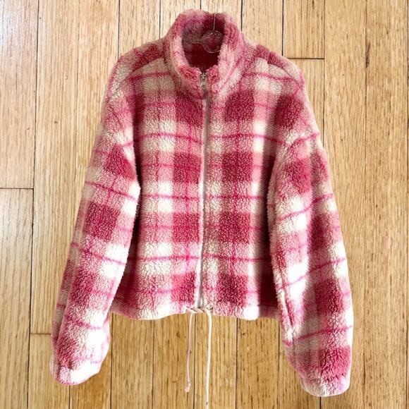 Preppy Plaid 90s Teddy Fleece Mauve Pink Zip Up Women M - Picture 6 of 7